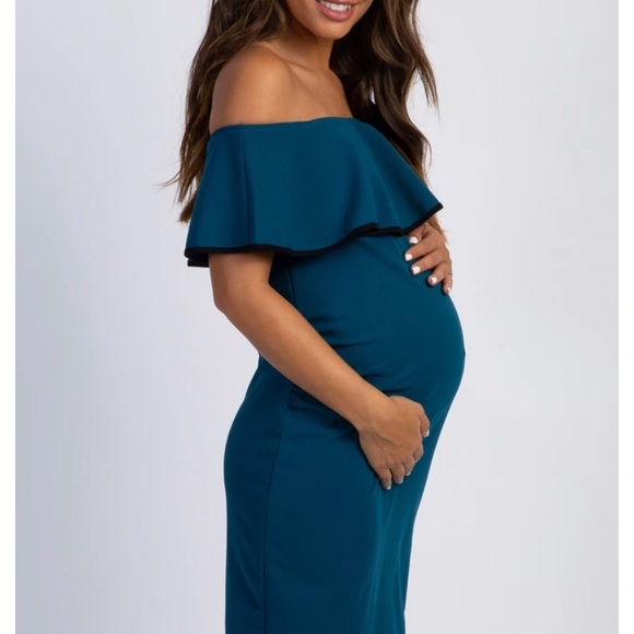 Teal Off Shoulder Maternity Dress- NWT - Picture 2 of 4
